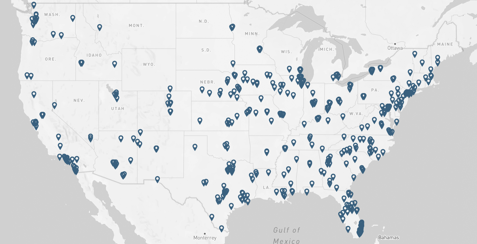Map of the United States with clinics labeled. Refer to text below for list of clinics actively seeking volunteers.
